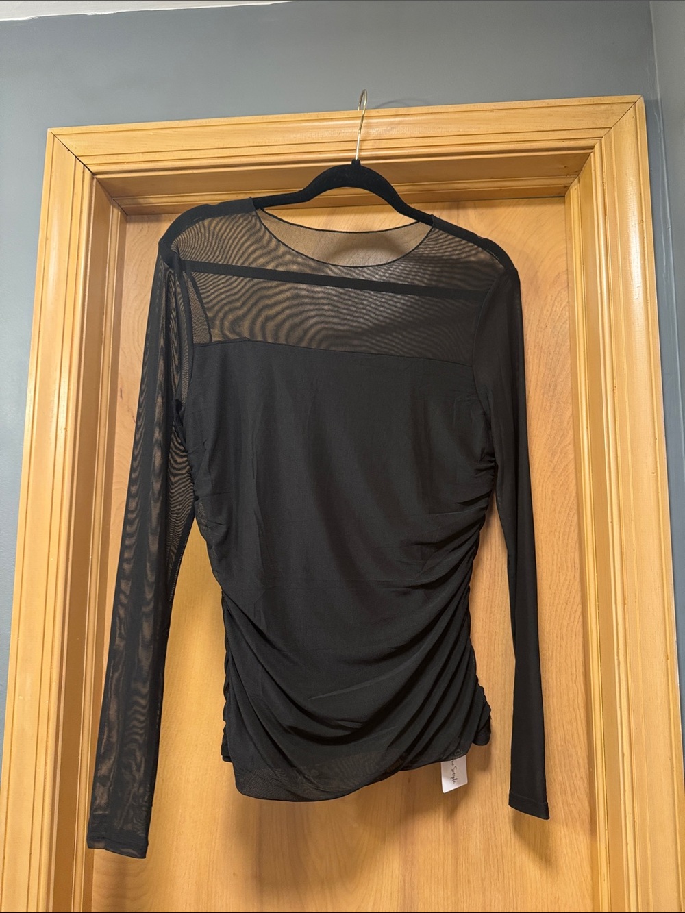 Amazon Black Long-Sleeve Sheer Yoke Ruched Top